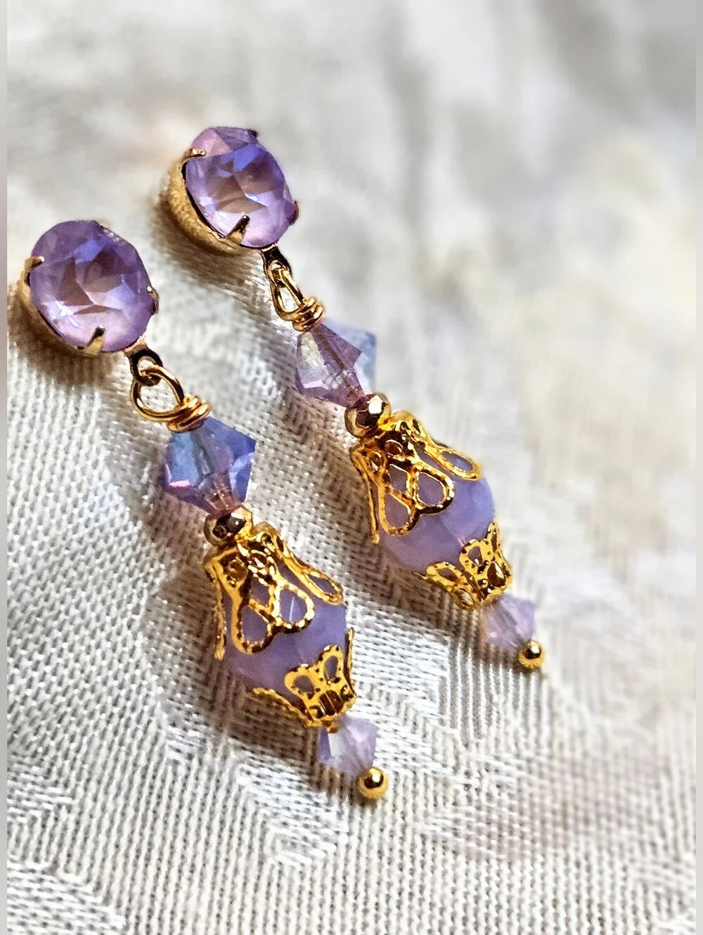 Victorian Delicate & Dainty Purple AB Swarovski & Glass In Gold Plated Earrings